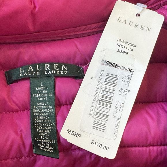 Lauren Ralph Lauren Puffer Down Filled Vest Womens Large Black w/ Pink Trim NEW - Picture 7 of 8